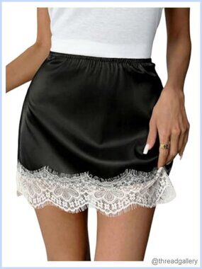Satin Silk Lace Trim Bodycon Mini Skirt Elastic Waist